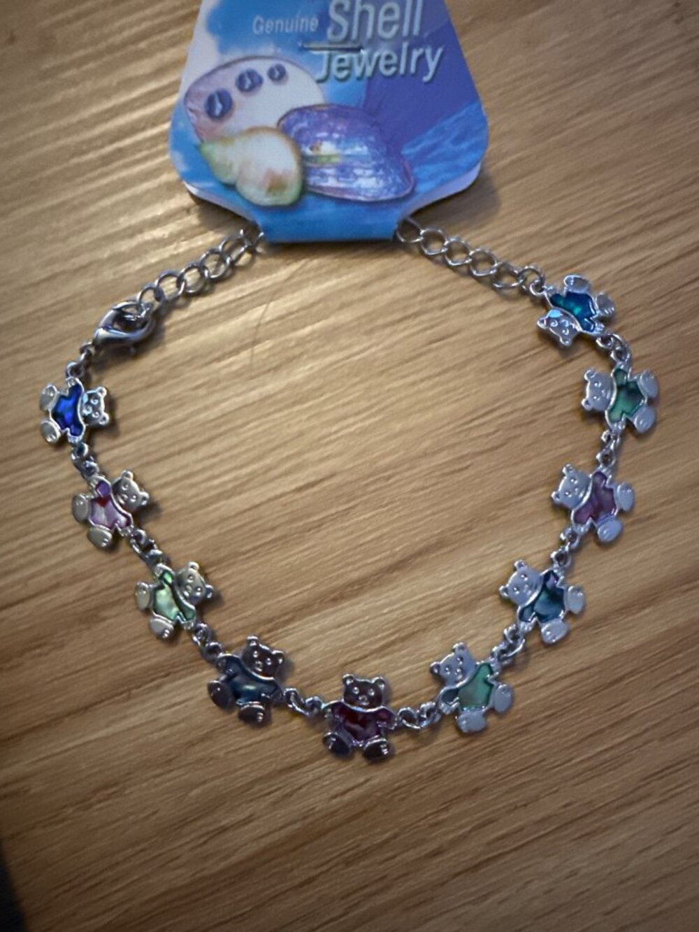 Teddy Bear Bracelet With Colorful Genuine Shell Accents & Adjustable Chain For W